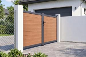 Portail bois composite battant 3m ATHOS H.160cm teck avec cadre aluminium + motorisation BUNKER B500 11