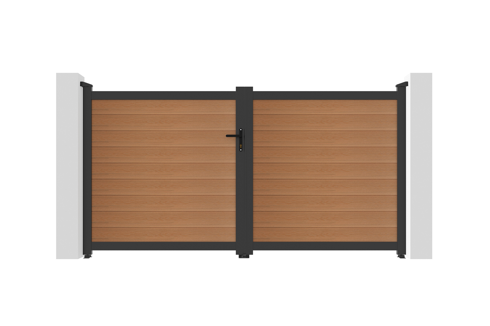 Cancello a battente ATHOS 3m H.160cm in legno massello composito color teak con telaio in alluminio 15