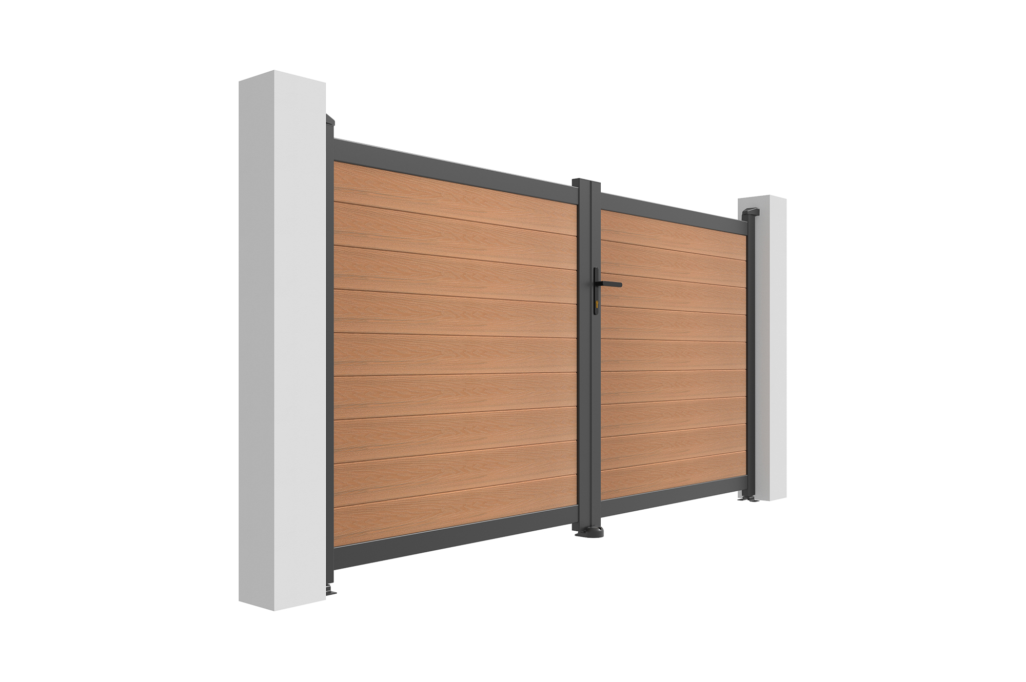 Cancello a battente ATHOS 3m H.160cm in legno massello composito color teak con telaio in alluminio 3