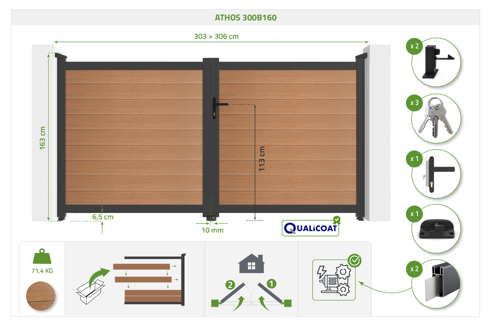 Cancello a battente ATHOS 3m H.160cm in legno massello composito color teak con telaio in alluminio 5