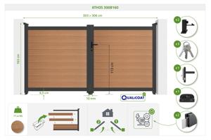 Portail bois composite battant 3m ATHOS H.160cm teck avec cadre aluminium + motorisation BUNKER B500 5