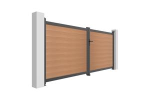 Portail bois composite battant 3,5m ATHOS H.160cm teck avec cadre aluminium + portillon composite ATHOS 1m H.160cm 3