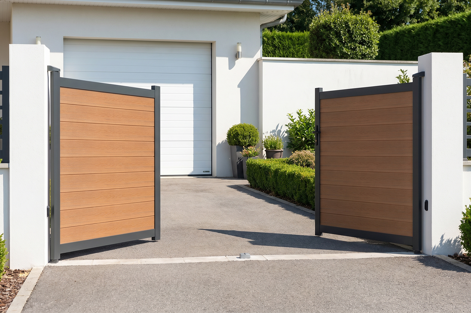 ATHOS 3.5m H.160cm solid wood composite swing gate in teak with aluminum frame 5