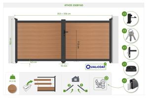 Portail bois composite battant 3,5m ATHOS H.160cm teck avec cadre aluminium + portillon composite ATHOS 1m H.160cm 17