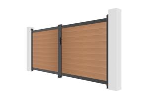 Portail bois composite battant 3,5m ATHOS H.160cm teck avec cadre aluminium + portillon composite ATHOS 1m H.160cm 4