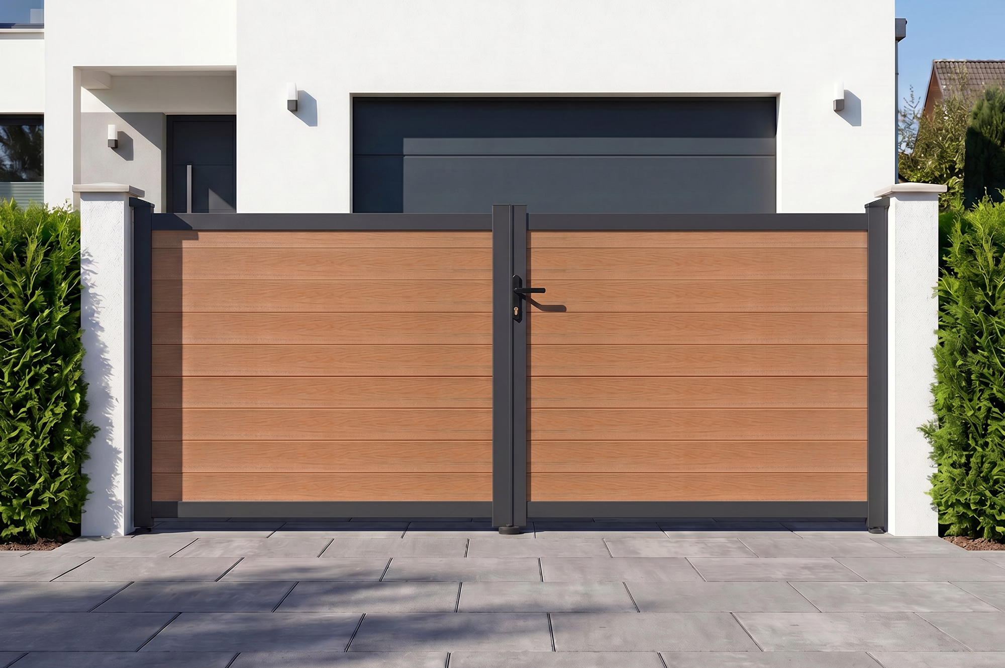 ATHOS 3.5m H.160cm solid wood composite swing gate in teak with aluminum frame main_image