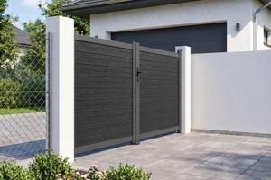 Portail bois composite battant 3m ATHOS H.160cm gris anthracite avec cadre aluminium + 2 poteaux EIFEL aluminium 15x15cm 12