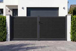 Portail bois composite battant plein 3,5m ATHOS H.160cm gris anthracite avec cadre aluminium main image