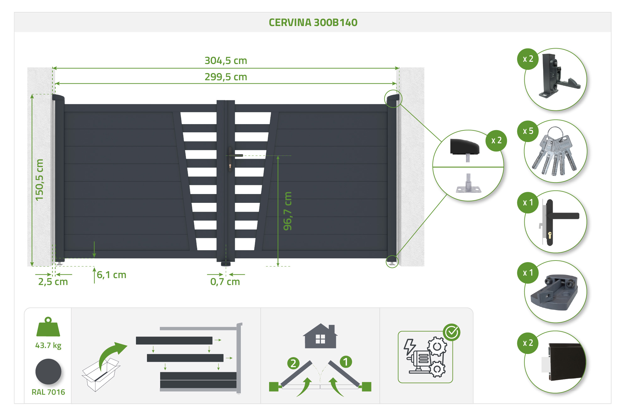 Portão de batente 3m CERVINA H.140cm alumínio cinza 5