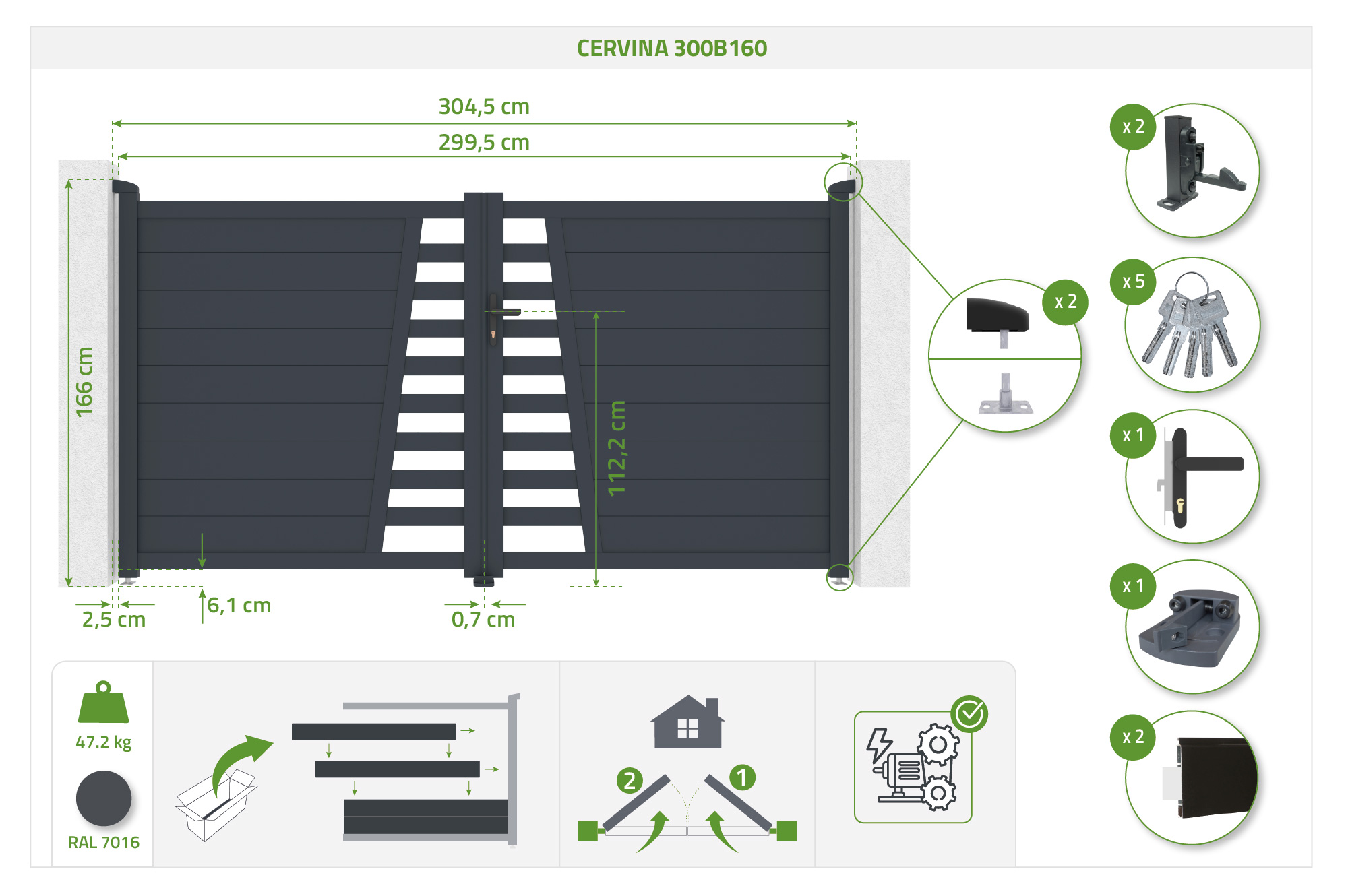 Portão de batente 3m CERVINA H.160cm alumínio cinza 5