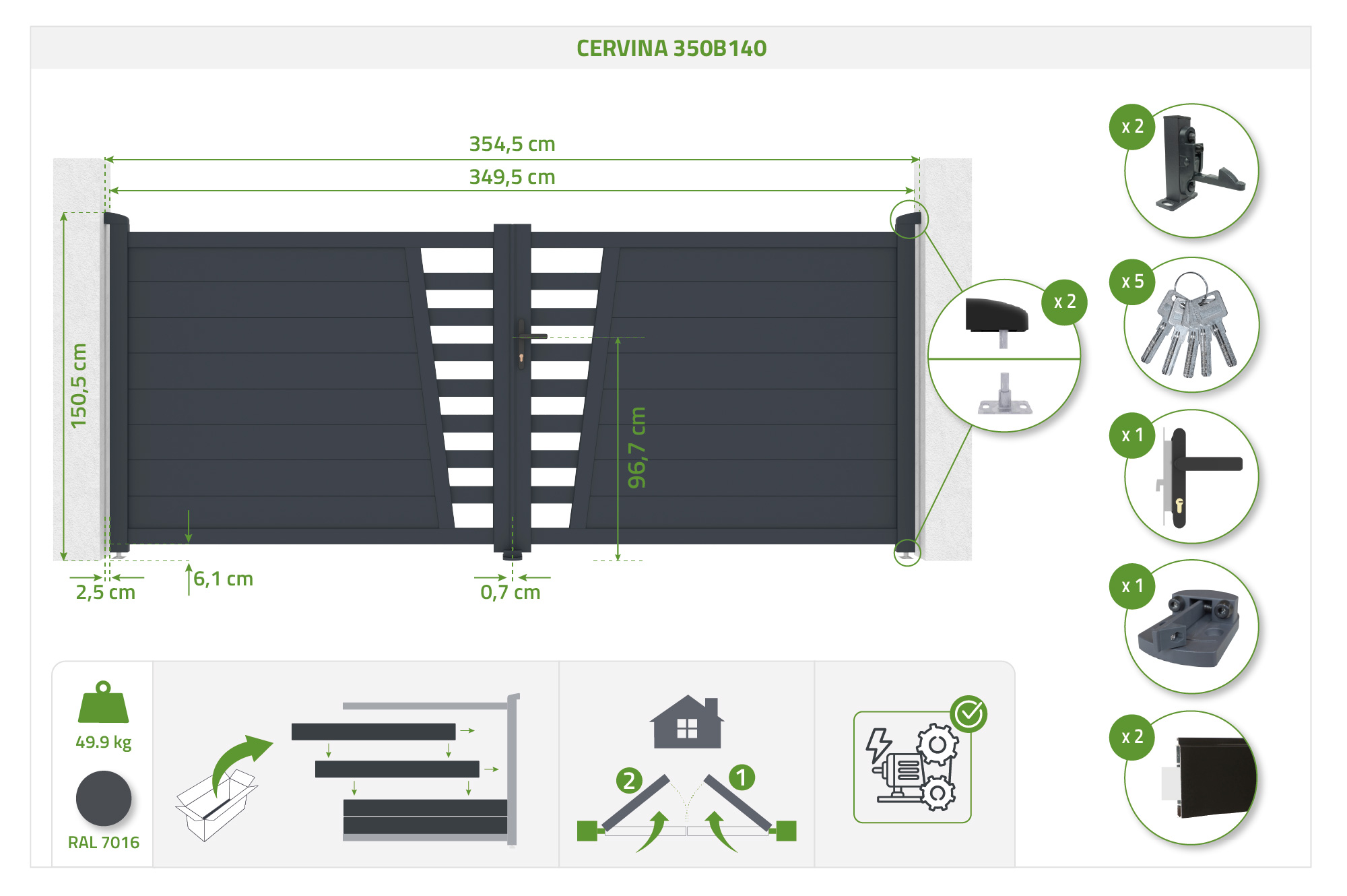 Krídlová brána 3,5 m CERVINA V. 140 cm sivá hliníková 5