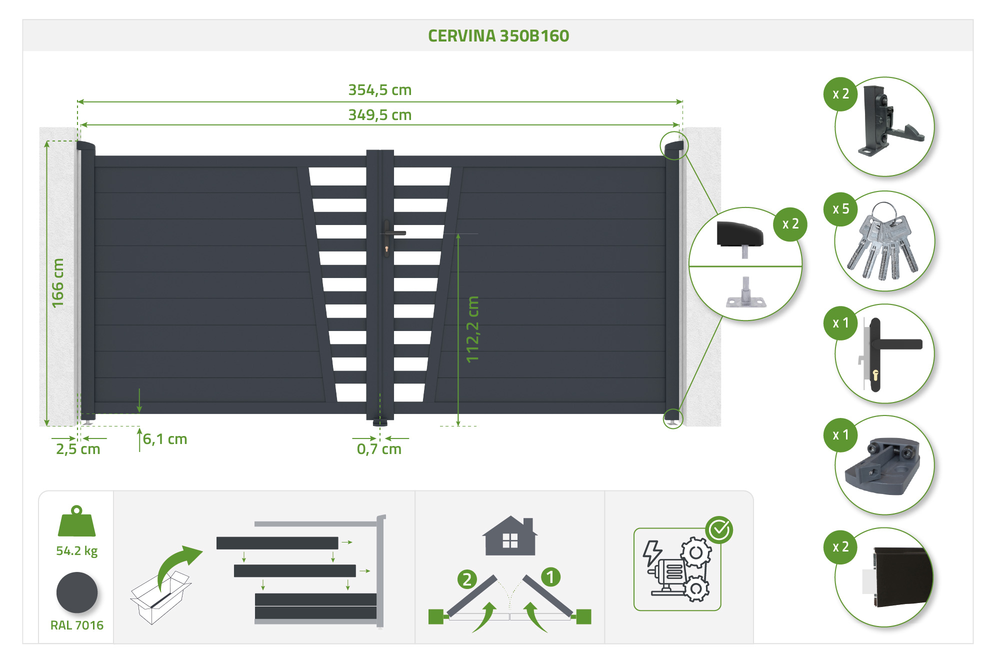 CERVINA 3.5m H.160cm swing gate, grey aluminum + RANGER B150 motor 5