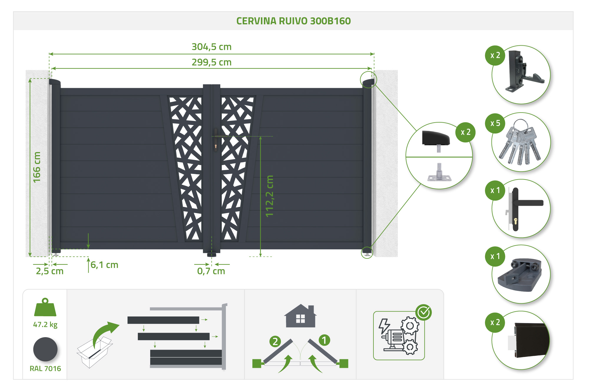Brama skrzydłowa 3m CERVINA RUIVO wys. 160cm szara aluminiowa 5