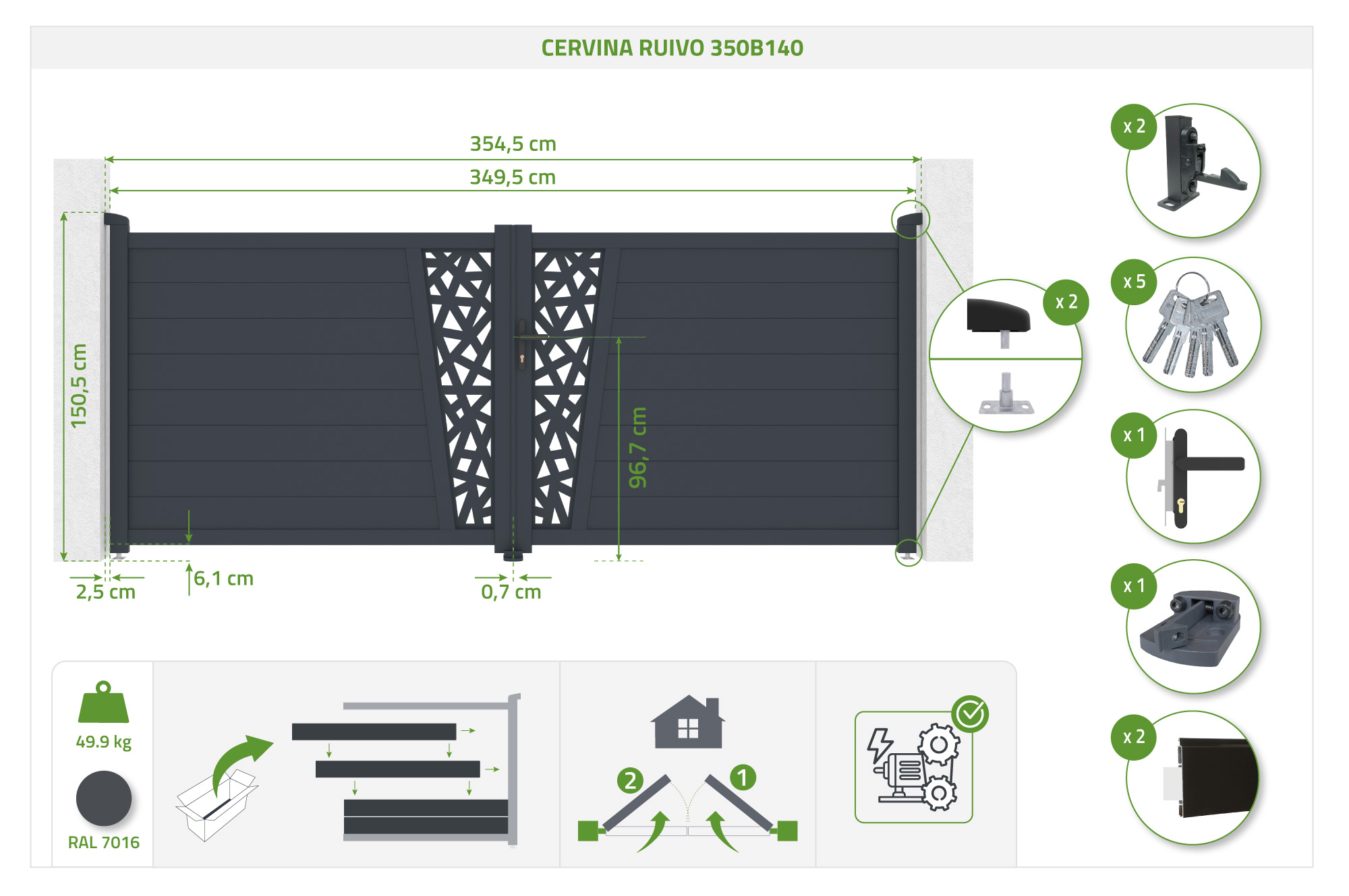 Krídlová brána 3,5 m CERVINA RUIVO V. 140 cm sivý hliník 5