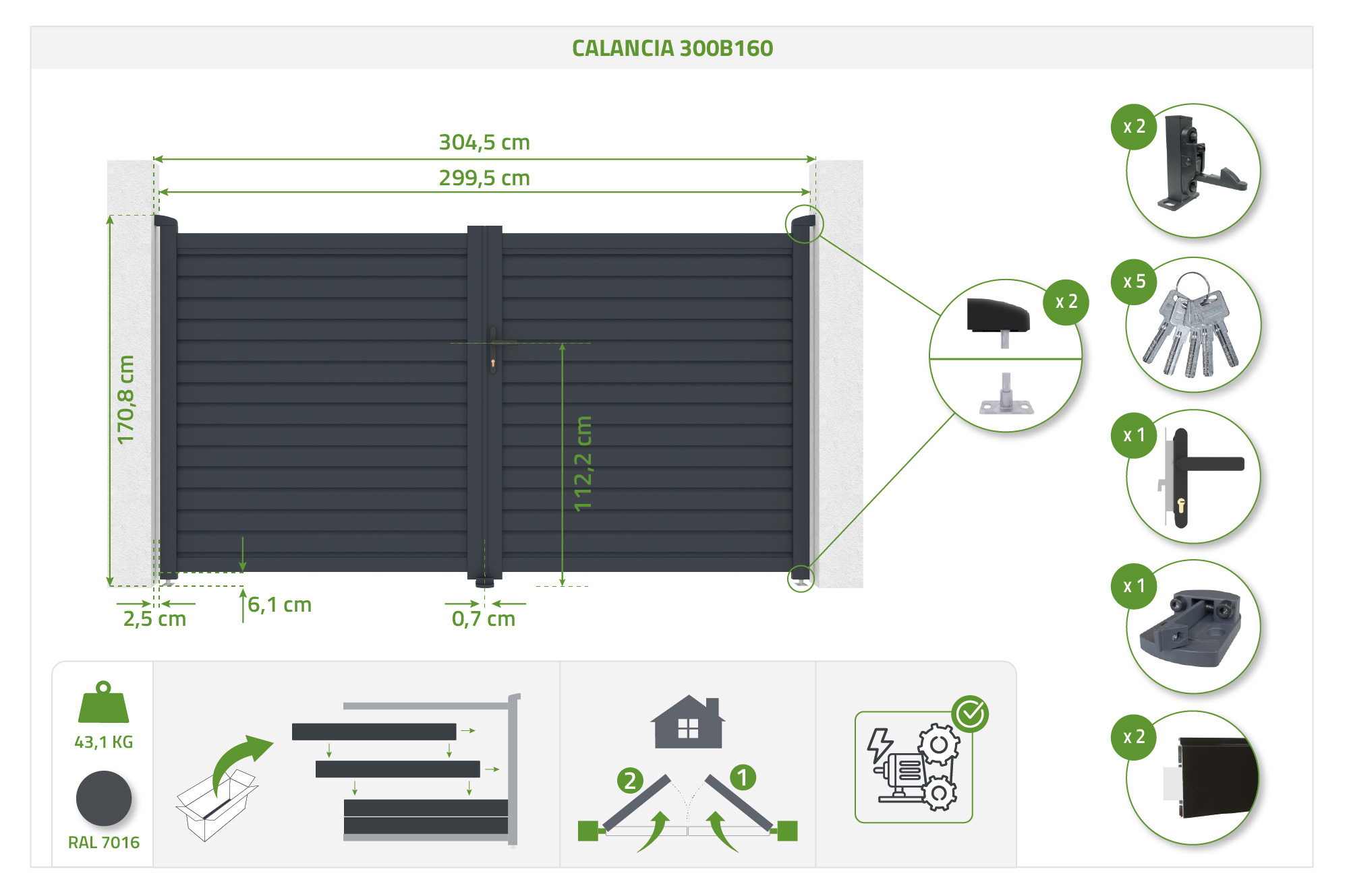 CALANCIA 3m augstuma, 160cm veramie vārti, pelēks alumīnijs 4
