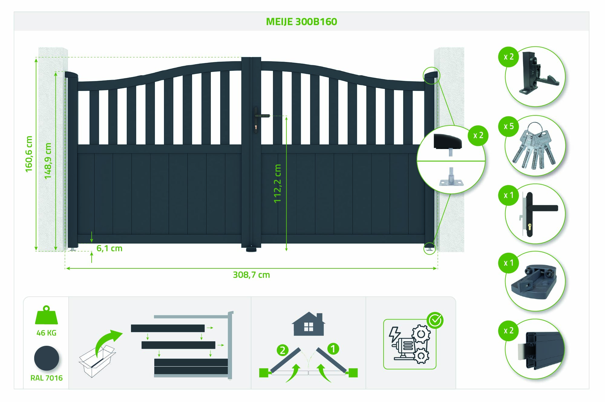 3 m MEIJE veramie vārti, 160 cm augsti, pelēks alumīnijs 3