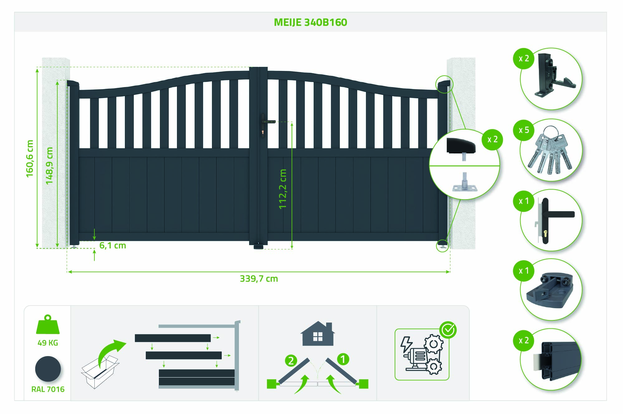 3,4 m-es MEIJE lengőkapu, 160 cm magas, szürke alumínium 3
