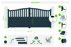 3.4m MEIJE swing gate, 160cm high, grey aluminum 3