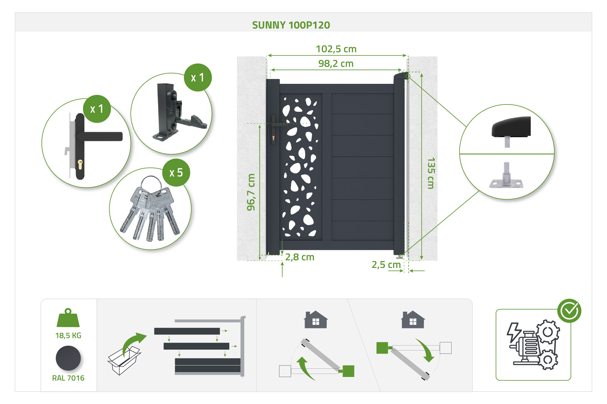 3.5m SUNNY swing gate, 120cm high, grey + 1m SUNNY grey aluminum pedestrian gate, 120cm high 24