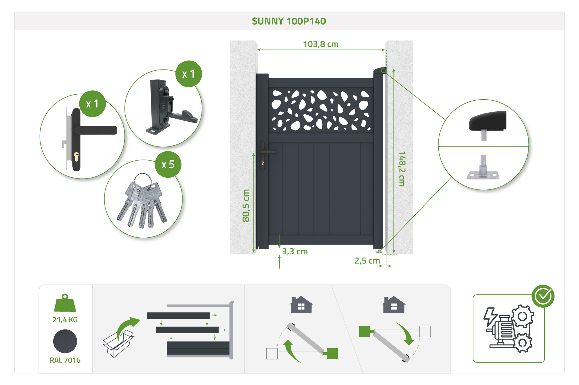 Křídlová brána 3m DOLOMITE SUNNY v. 140 cm šedý hliník + Brána 1m DOLOMITE SUNNY v. 140 cm šedý hliník 15