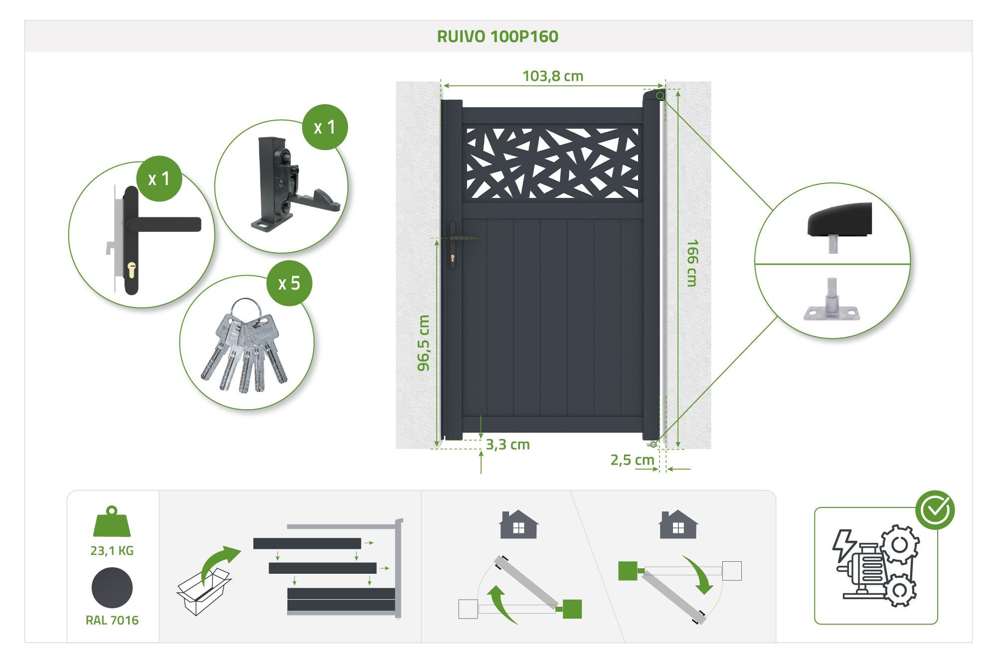 Grindar 1m DOLOMITE RUIVO H.160cm grå aluminium 4