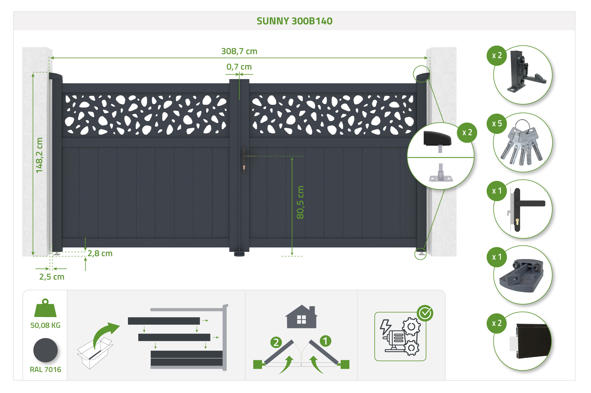 3m DOLOMITE SUNNY svänggrind, 140cm hög, grå aluminium 4