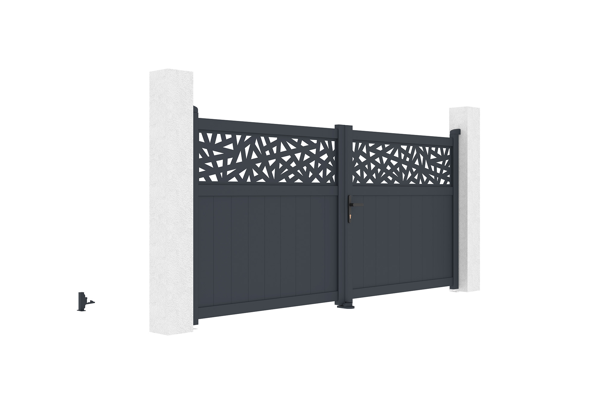 Brána křídlová 3m DOLOMITE RUIVO V.140cm šedý hliník + sloupek EIFEL 20x20cm hliník V.166cm antracitově šedý 3