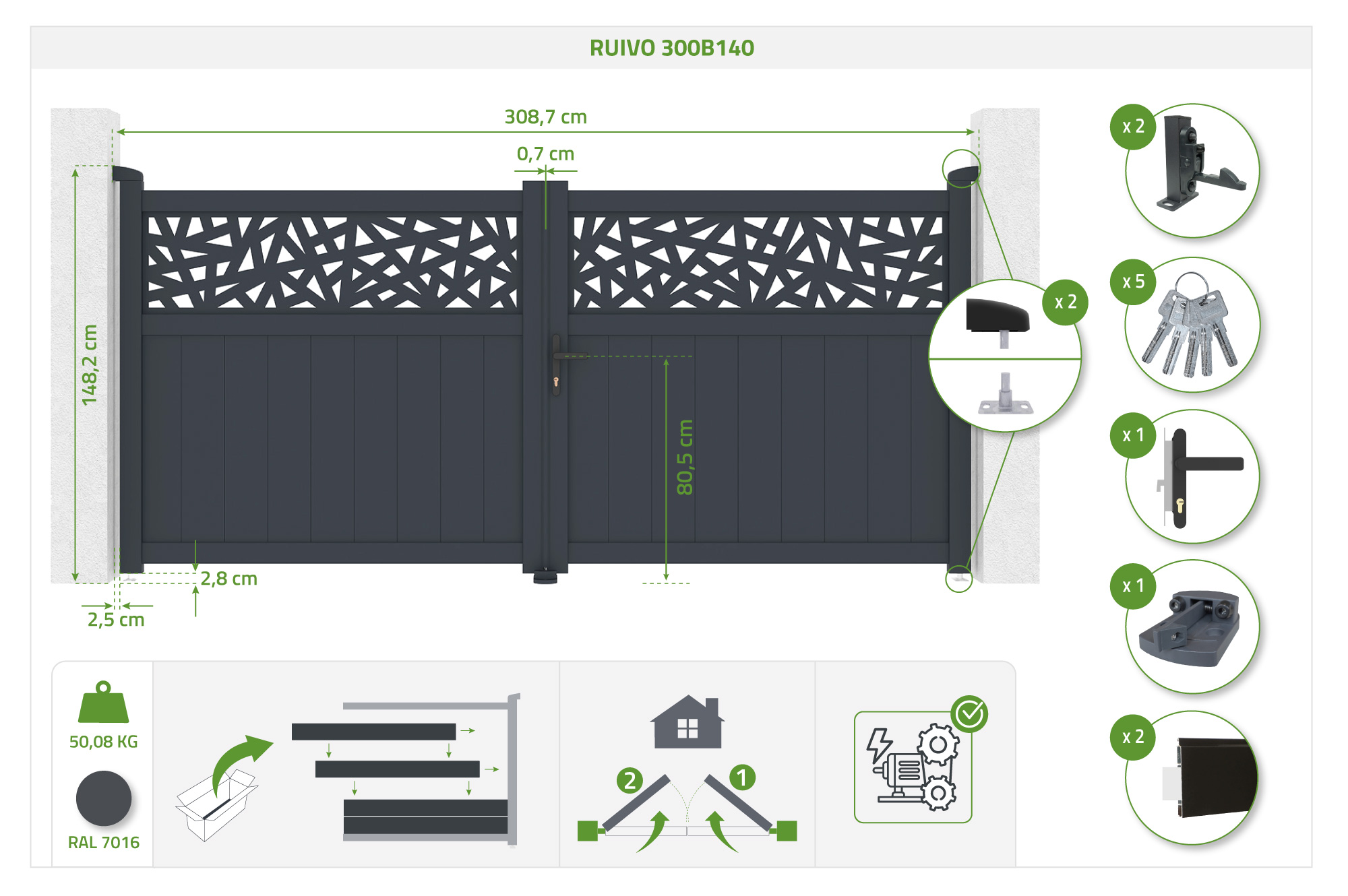 Brána křídlová 3m DOLOMITE RUIVO V.140cm šedý hliník + sloupek EIFEL 20x20cm hliník V.166cm antracitově šedý 4