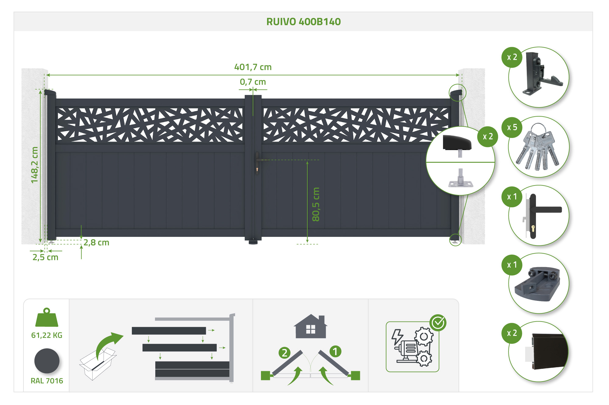 Křídlová brána DOLOMITE RUIVO 4m, výška 140 cm, šedý hliník + motor pro křídlovou bránu HIKER B200 4