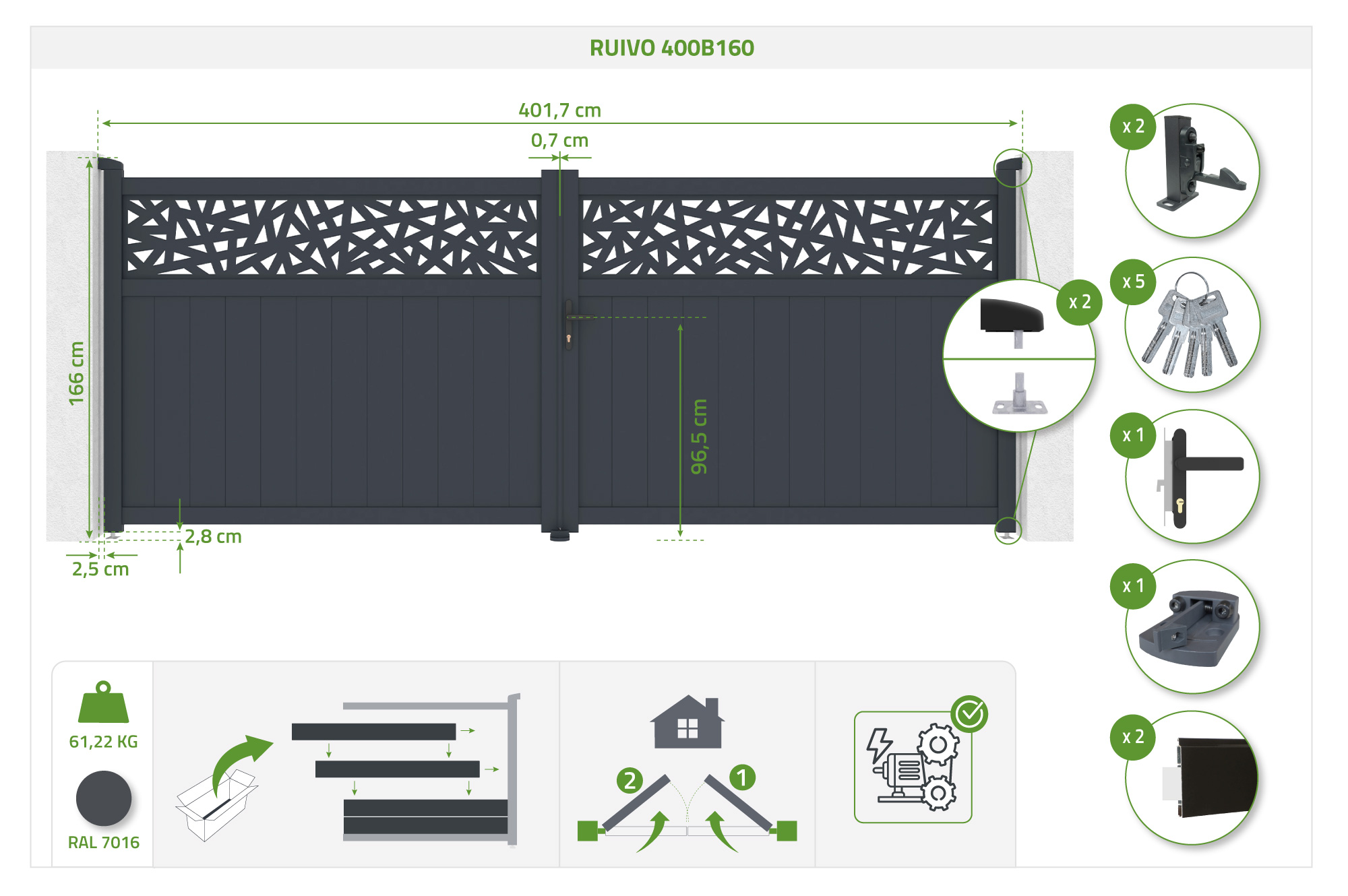 Brána křídlová 4m DOLOMITE RUIVO V.160cm šedý hliník 4