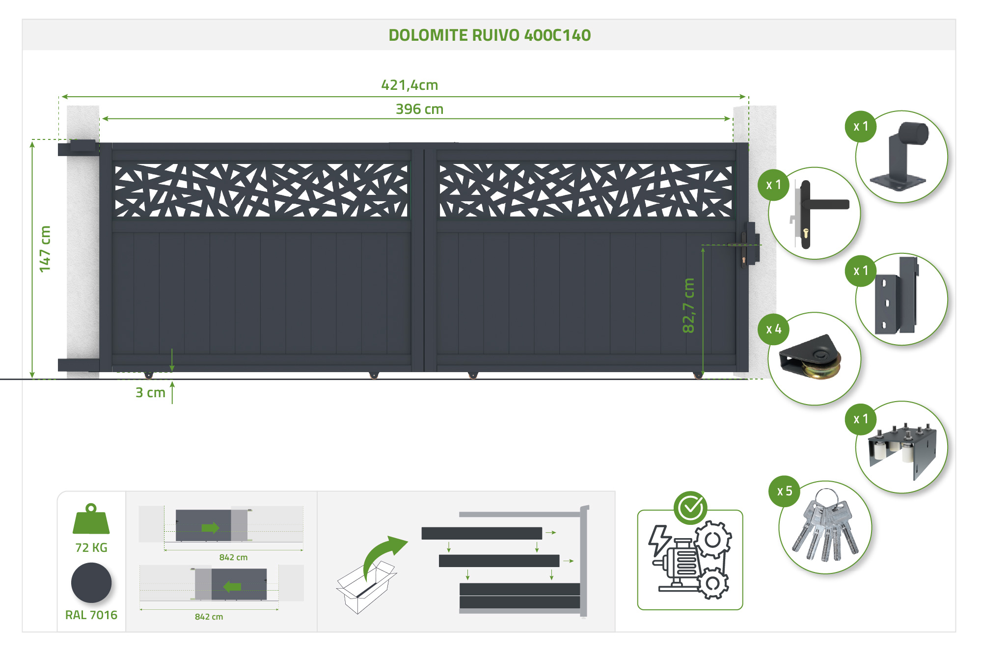 Schuifpoort 4m DOLOMITE RUIVO H.140cm grijs aluminium 4