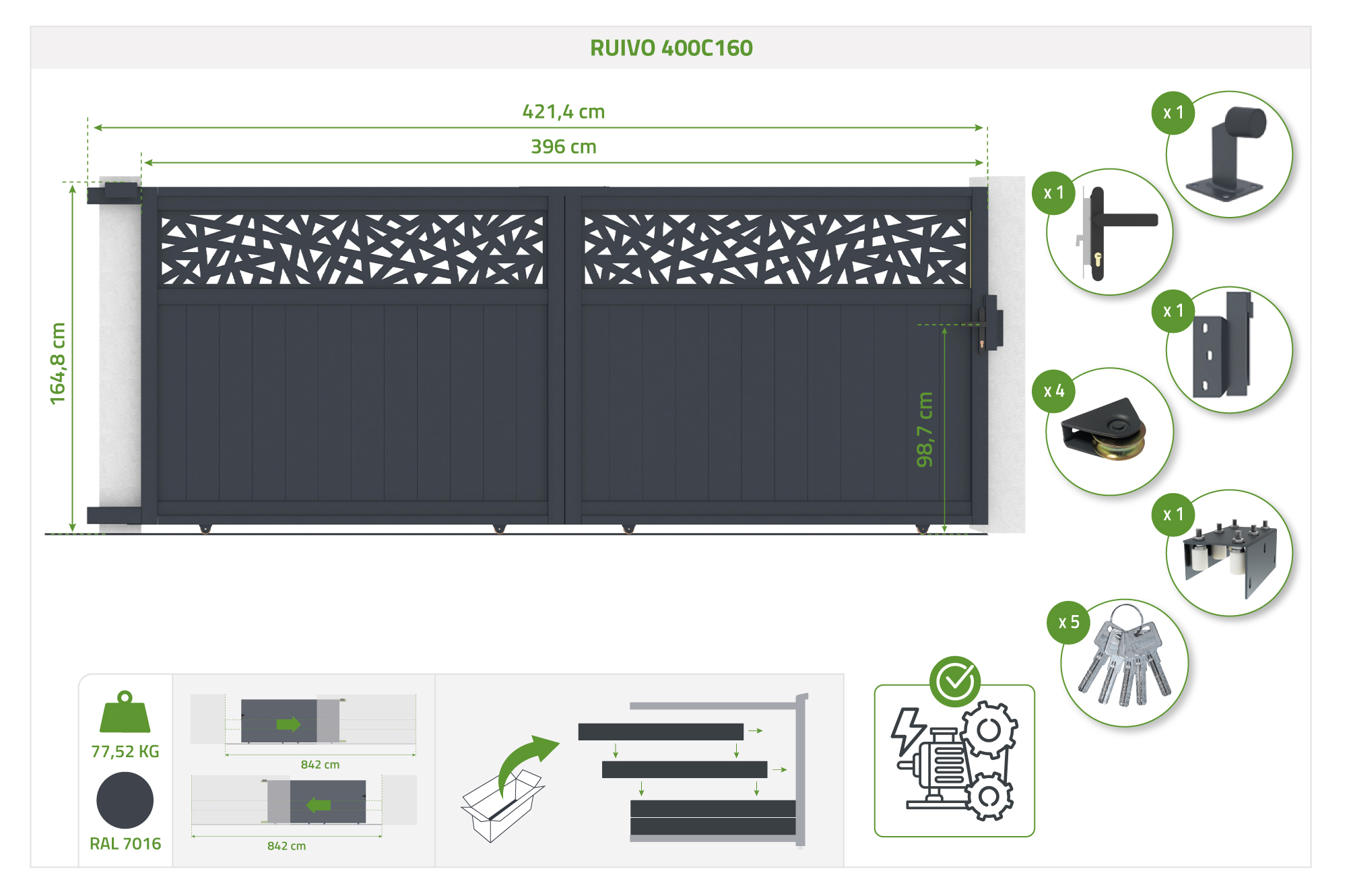 4m DOLOMITE RUIVO sliding gate, 160cm high, grey aluminum 4