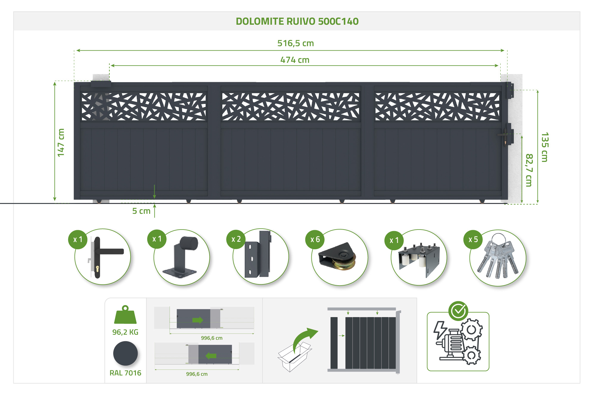 Drsna vrata 5m DOLOMITE RUIVO H.140cm siva aluminij 4