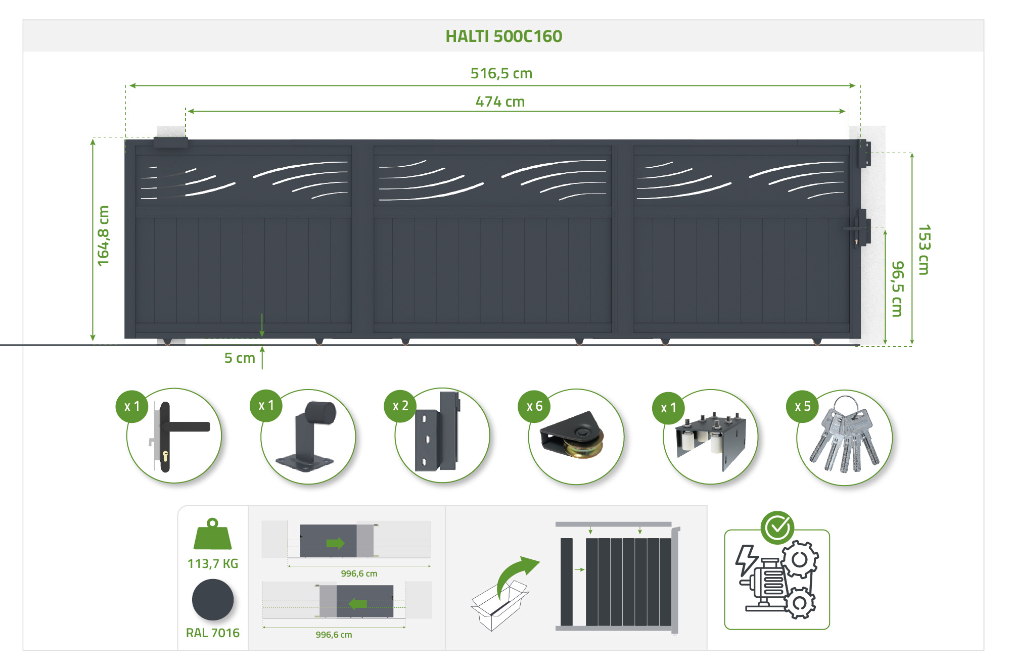 Posuvná brána HALTI 5m, výška 160 cm, sivý hliník 4