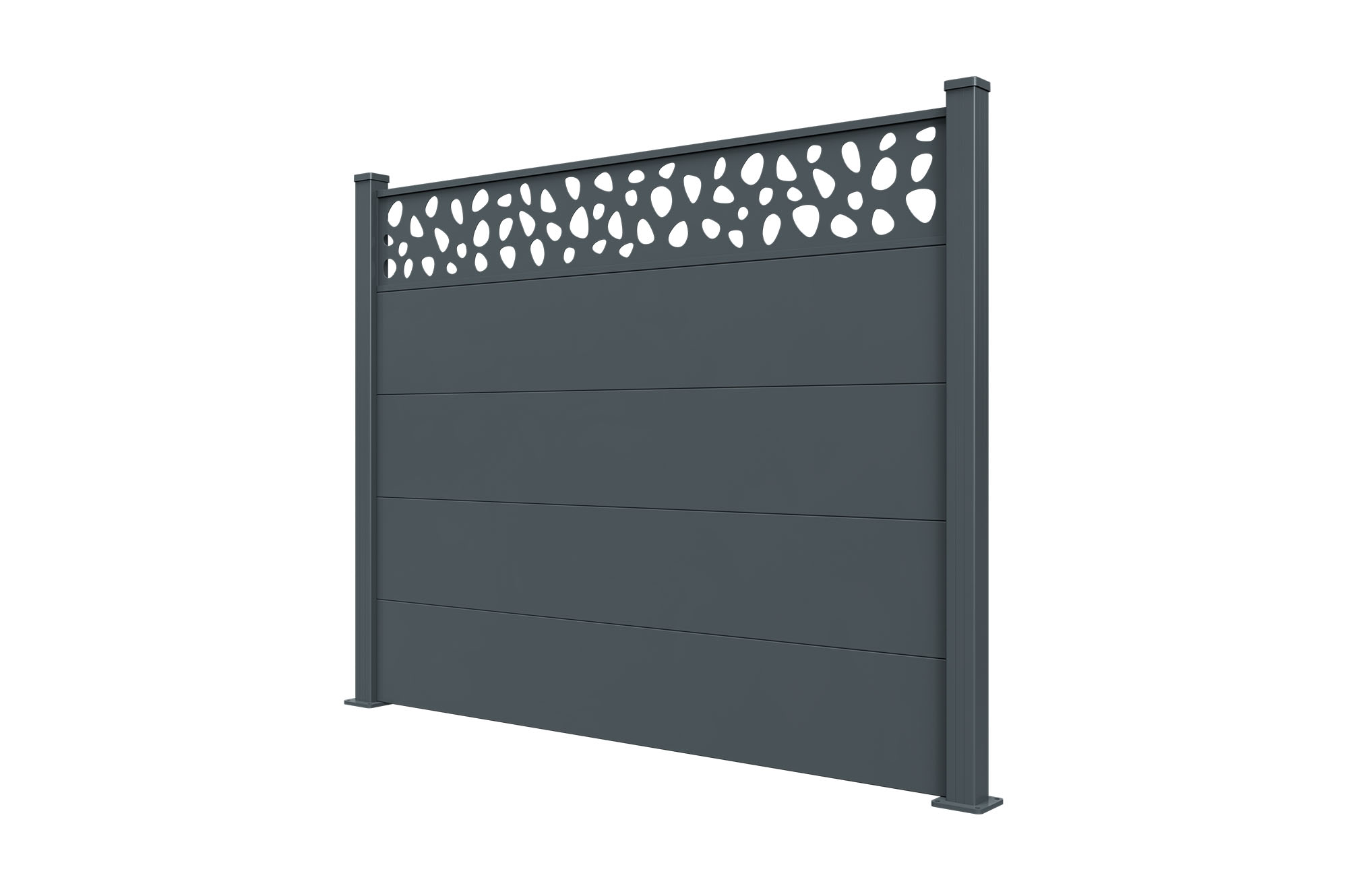 Valla de aluminio con lamas anchas, 8 m de largo, 150 cm de alto, gris antracita - Patrón de guijarros ALPIS SUNNY 11