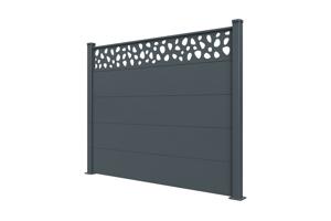 Valla de aluminio con lamas anchas, 8 m de largo, 150 cm de alto, gris antracita - Patrón de guijarros ALPIS SUNNY 11