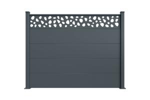 Valla de aluminio con lamas anchas, 8 m de largo, 150 cm de alto, gris antracita - Patrón de guijarros ALPIS SUNNY 13