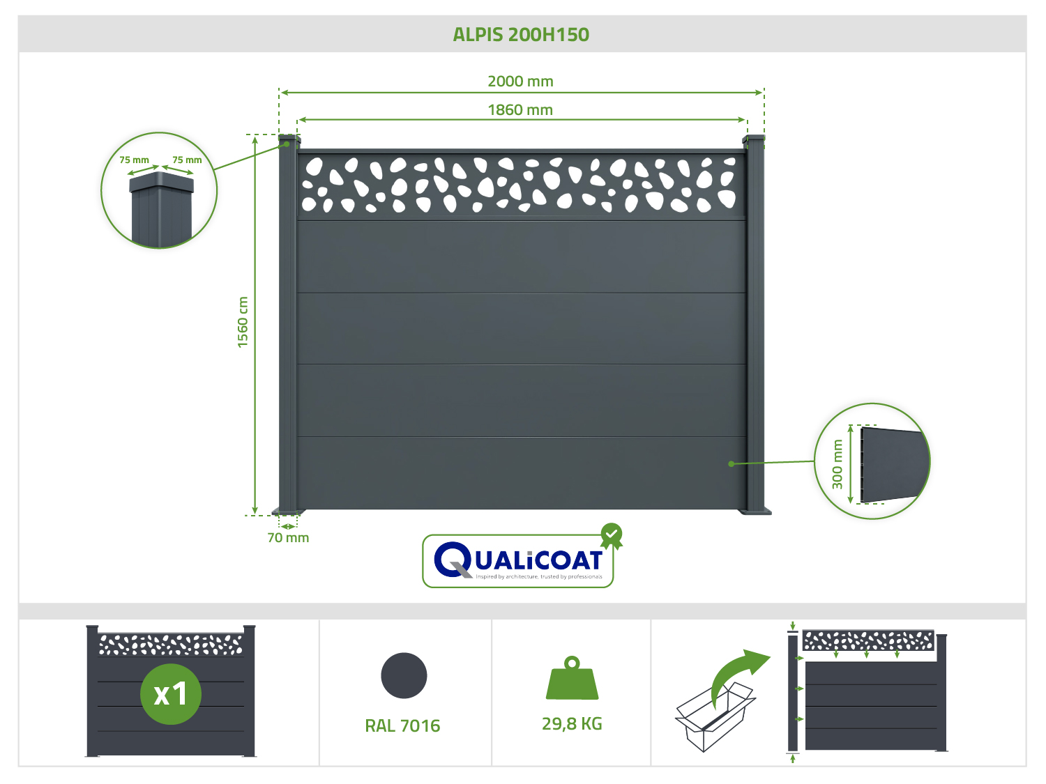 Valla de aluminio con lamas anchas, 8 m de largo, 150 cm de alto, gris antracita - Patrón de guijarros ALPIS SUNNY 15