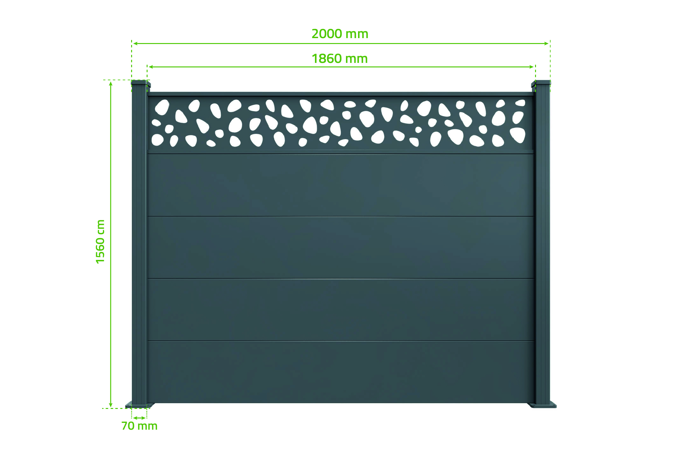 Valla de aluminio con lamas anchas, 8 m de largo, 150 cm de alto, gris antracita - Patrón de guijarros ALPIS SUNNY 5