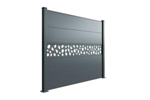 Valla de aluminio con lamas anchas, 8 m de largo, 150 cm de alto, gris antracita - Patrón de guijarros ALPIS SUNNY 12