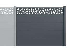 Valla de aluminio con lamas anchas, 8 m de largo, 150 cm de alto, gris antracita - Patrón de guijarros ALPIS SUNNY 16