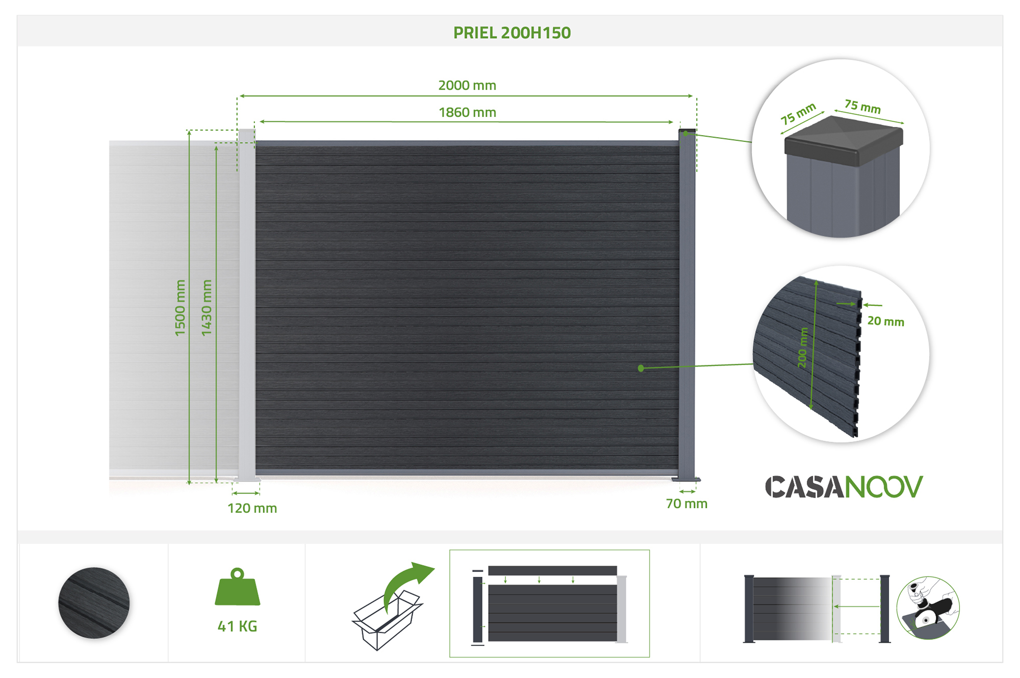 Kit di estensione per recinzione composita effetto legno PRIEL da 2 m, altezza 150 cm, su base grigia 2