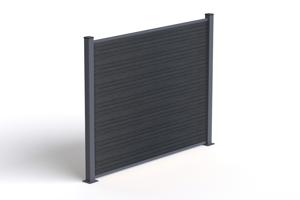 2 m hoher PRIEL-Verbundzaun in Holzoptik, 150 cm hoch, auf grauen Bodenplatten 5