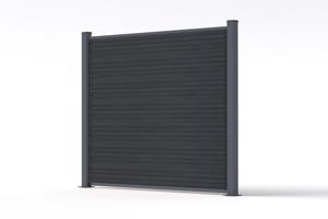 2 m hoher PRIEL-Verbundzaun in Holzoptik, 150 cm hoch, auf grauen Bodenplatten 6