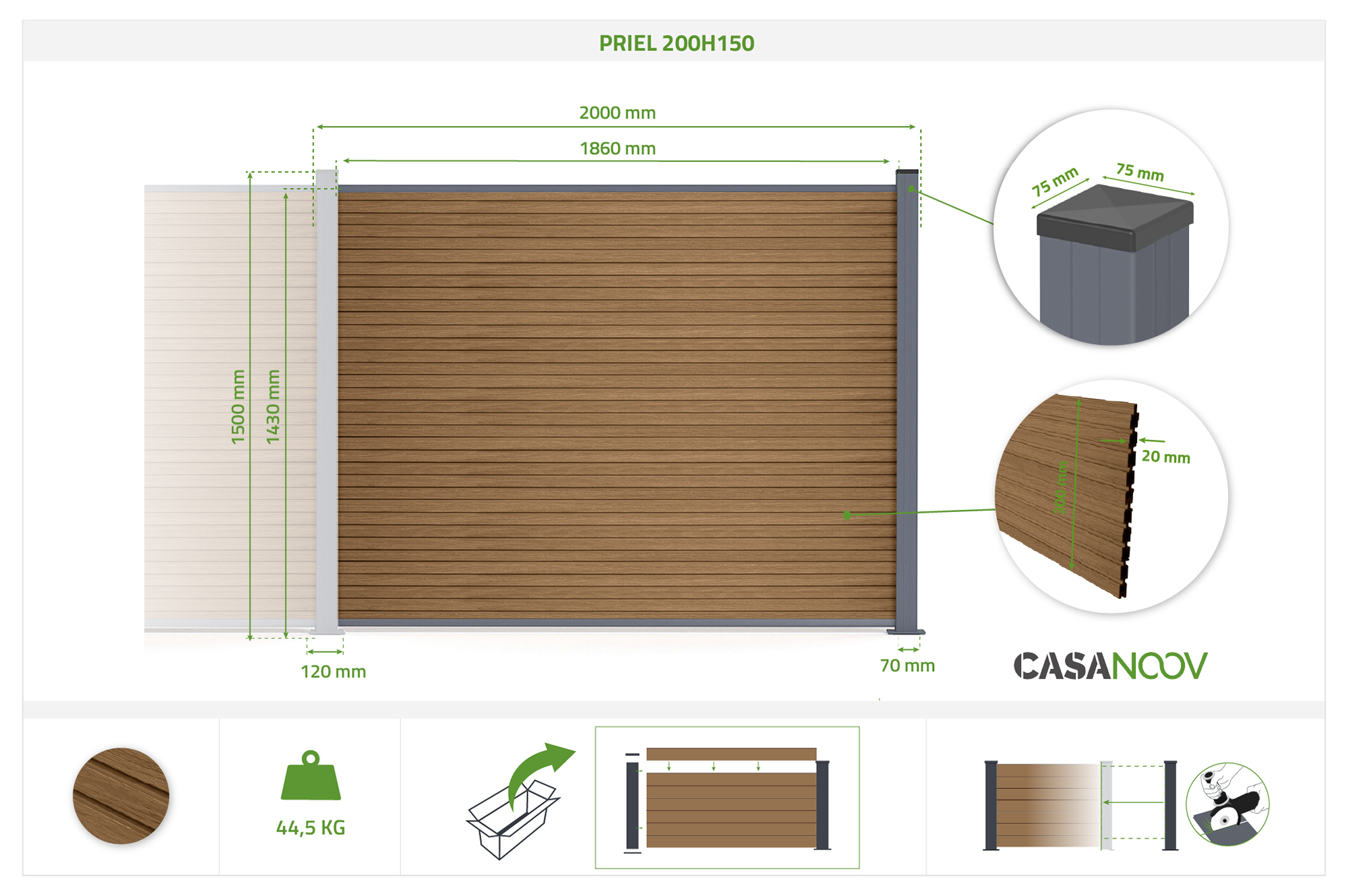 Kit di estensione per recinzione in composito effetto legno PRIEL, 2 m, altezza 150 cm, su base in teak 2