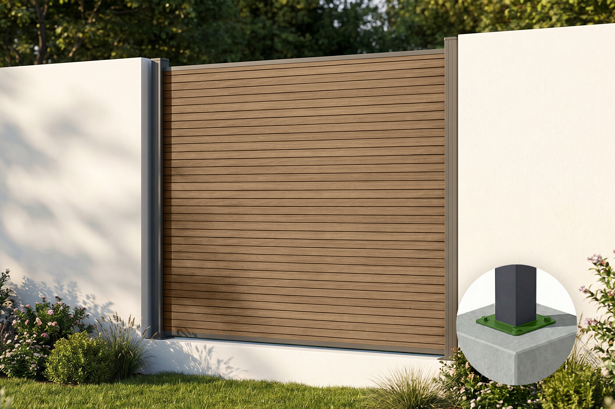 Valla compuesta PRIEL de 2 m con efecto madera, 150 cm de altura, sobre placas base de teca. main_image