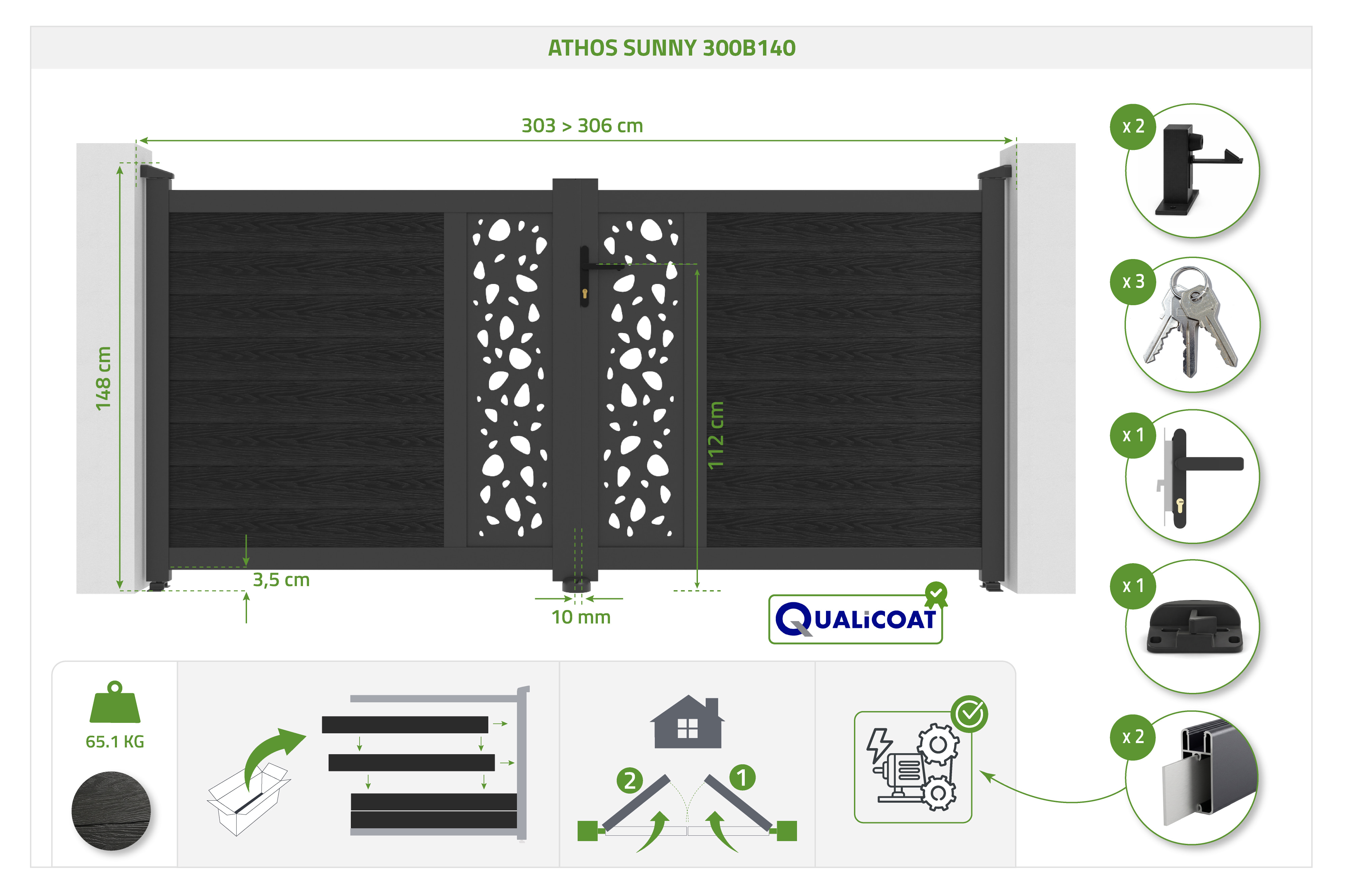 ATHOS SUNNY 3m Ma. 140cm antracit szürke tömörfa lengőkapu alumínium kerettel + RANGER B150 motorral 5