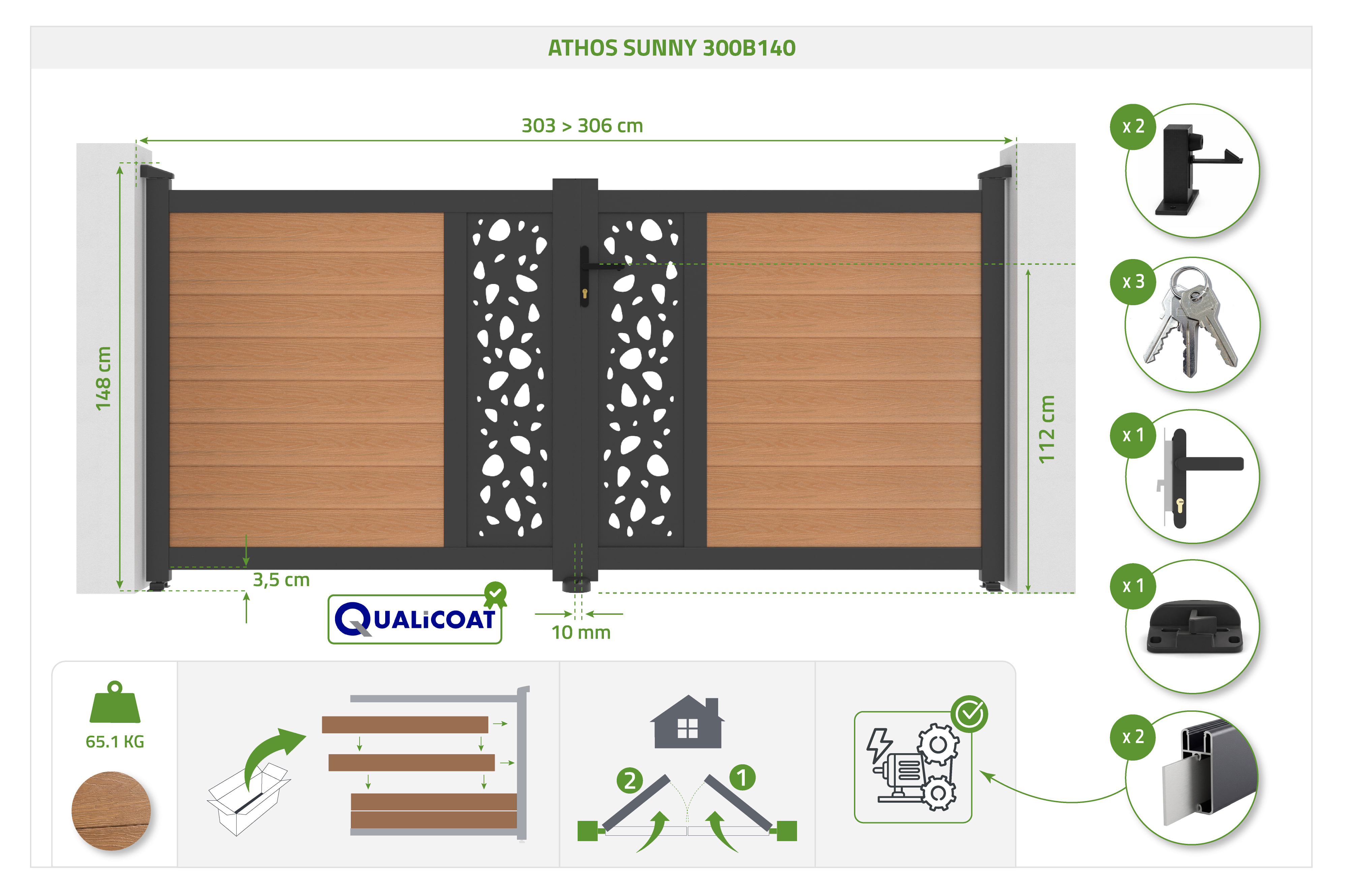 ATHOS SUNNY 3m tömörfa lengőkapu, 140cm magas, teakfából, alumínium kerettel + RANGER B150 motorral 5
