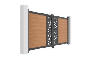 ATHOS SUNNY 3m H.160cm teak swing gate with aluminum frame, featuring a composite wood design and aluminum frame 3