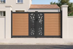 ATHOS SUNNY 3m H.160cm teak swing gate with aluminum frame, featuring a composite wood design and aluminum frame main image